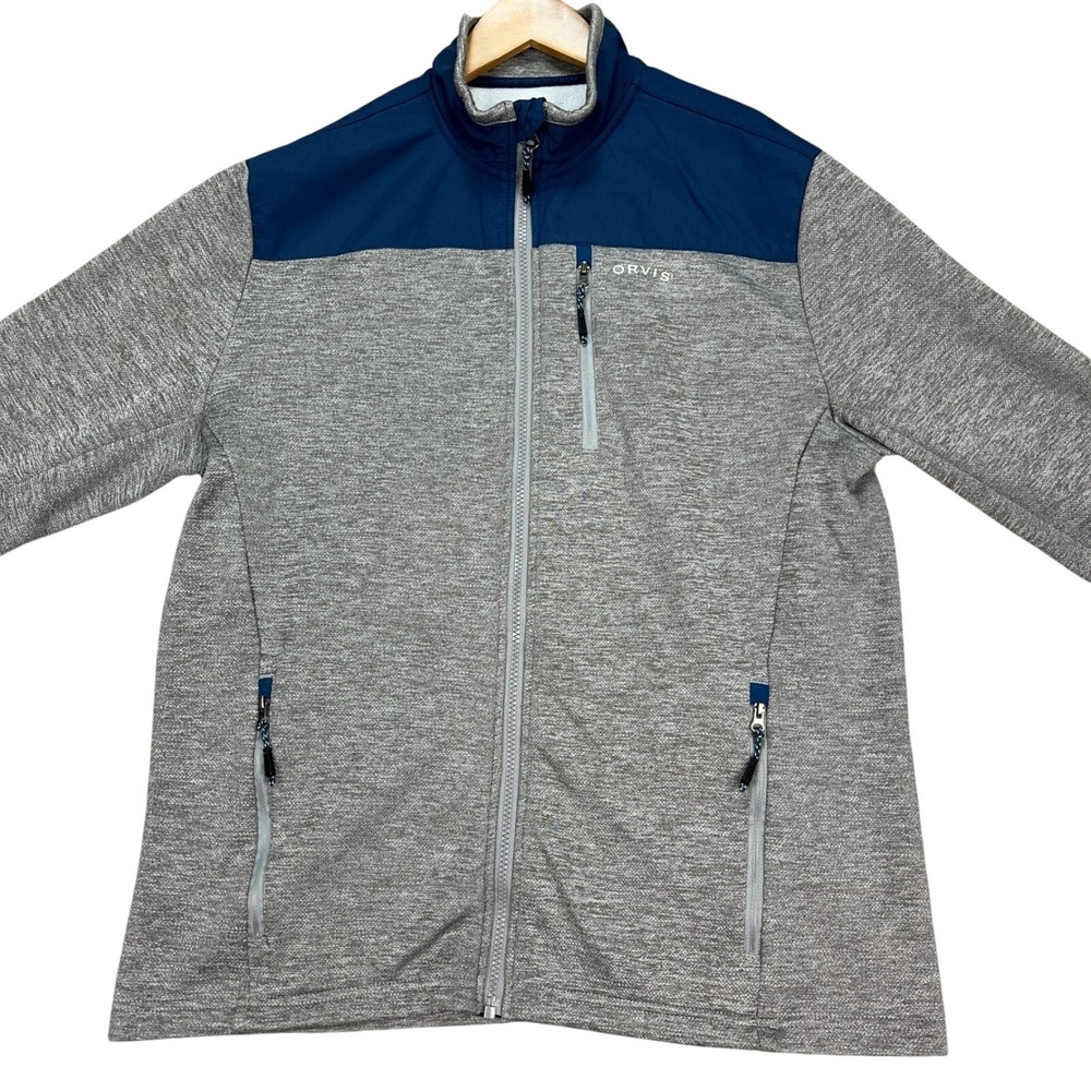Orvis Jacket Mens Medium Gray‎ Navy Blue Colorblock Long Sleeve Full Zip Fleece